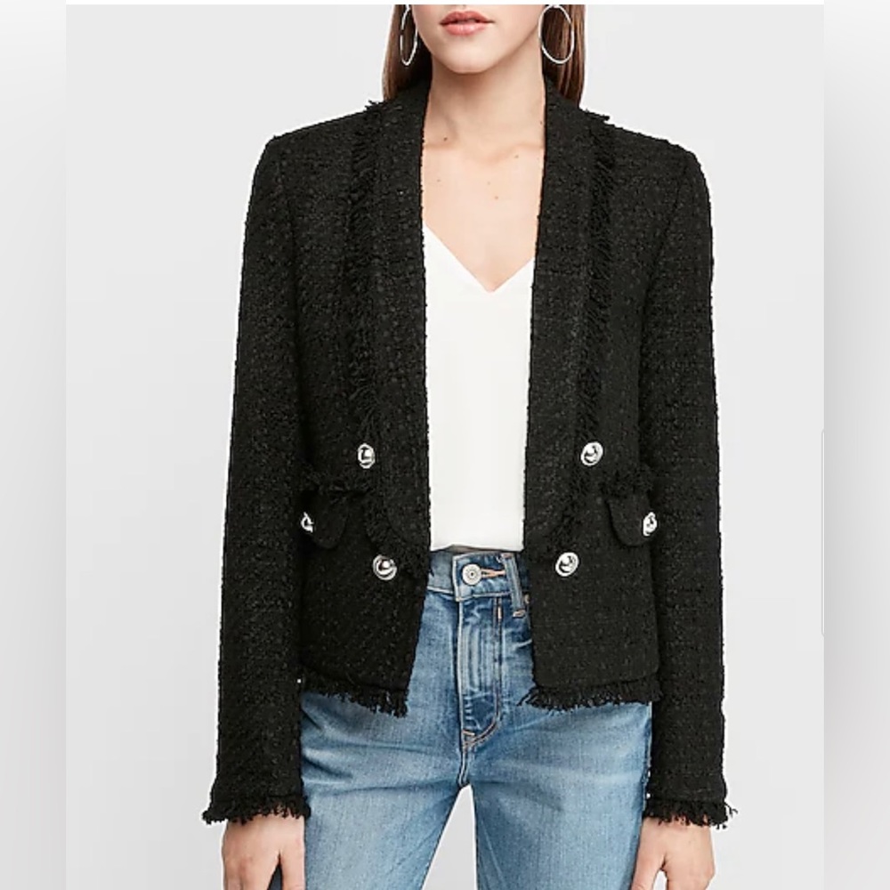 Express Button Front Boucle Blazer Color Black Si… - image 1